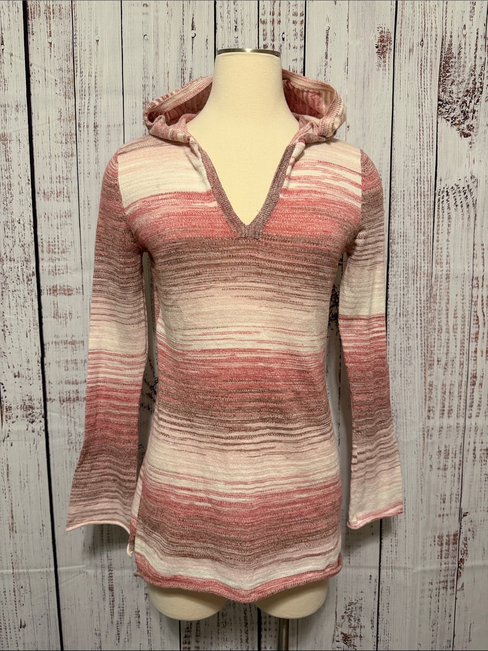 Prana Striped Hooded V-Neck Knit Top in Pink & Cream